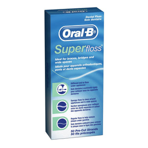 Ideal for braces, bridges and wide spaces. Its three unique components—a stiffened-end dental floss threader, spongy floss and regular floss—all work together for maximum benefits. Comes with 50 pre-cut strands. 